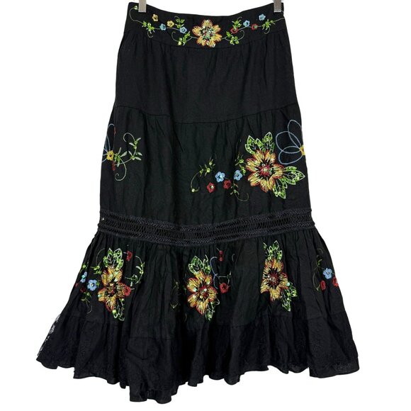 Women's Linen Tiered Midi Skirt 14 Black Floral Embroidery Sequin Festival Boho - Picture 1 of 9